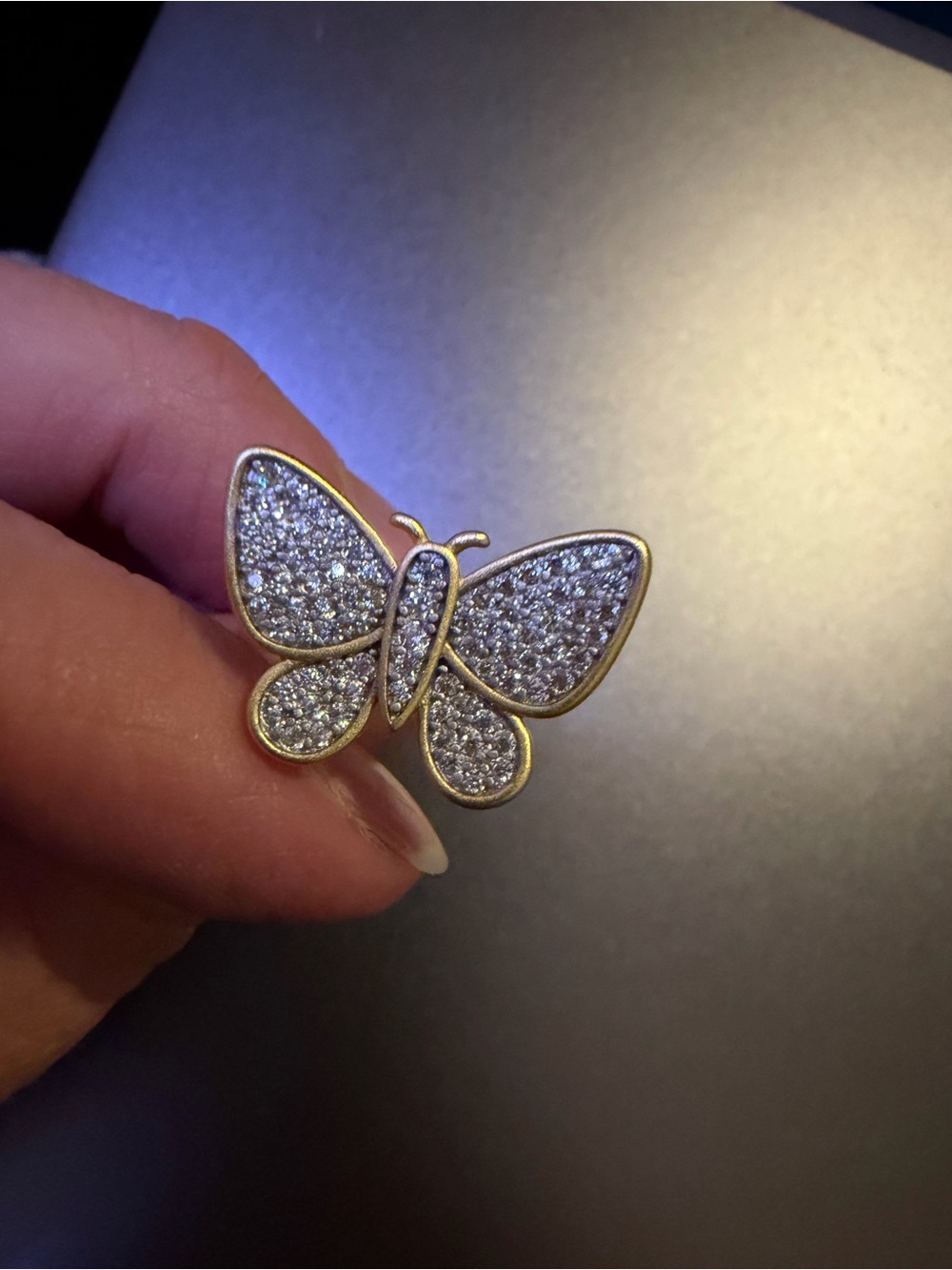 New Gold-Tone Butterfly Ring with Clear Pavé Crystals by Freida Rothman Sz 8